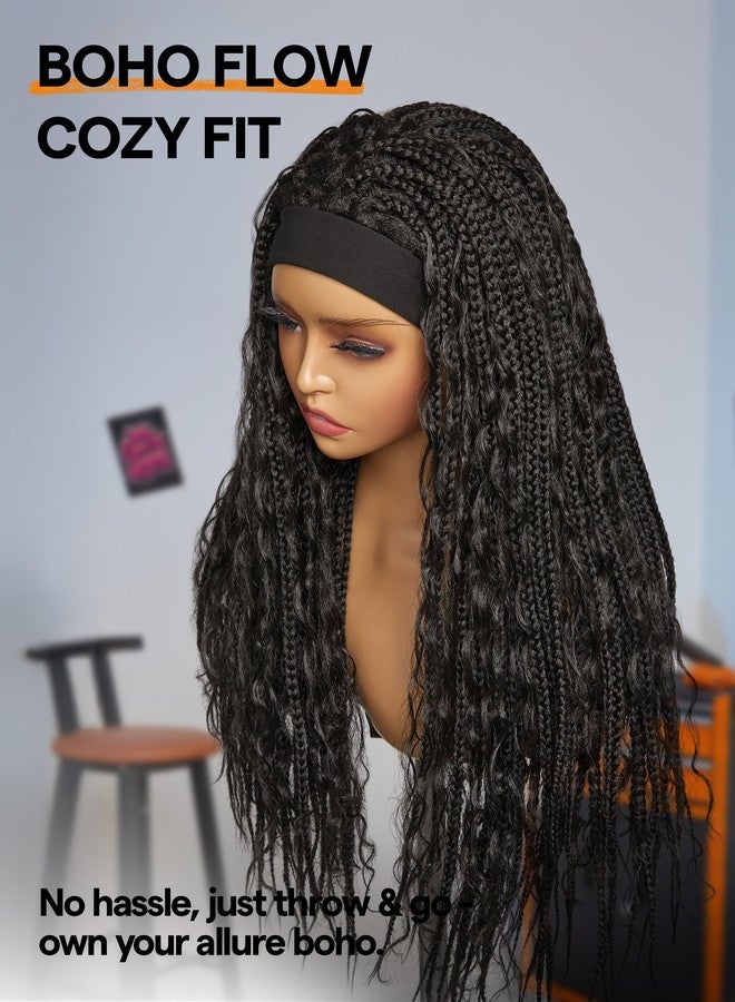 GORGIUS Goddess Braided Headband Wig with Curly Hair Black Synthetic Box Braid Wig with Head Band Attached Knotless Ready to Go Glueless Braiding Hair Wig For Women - Image 2